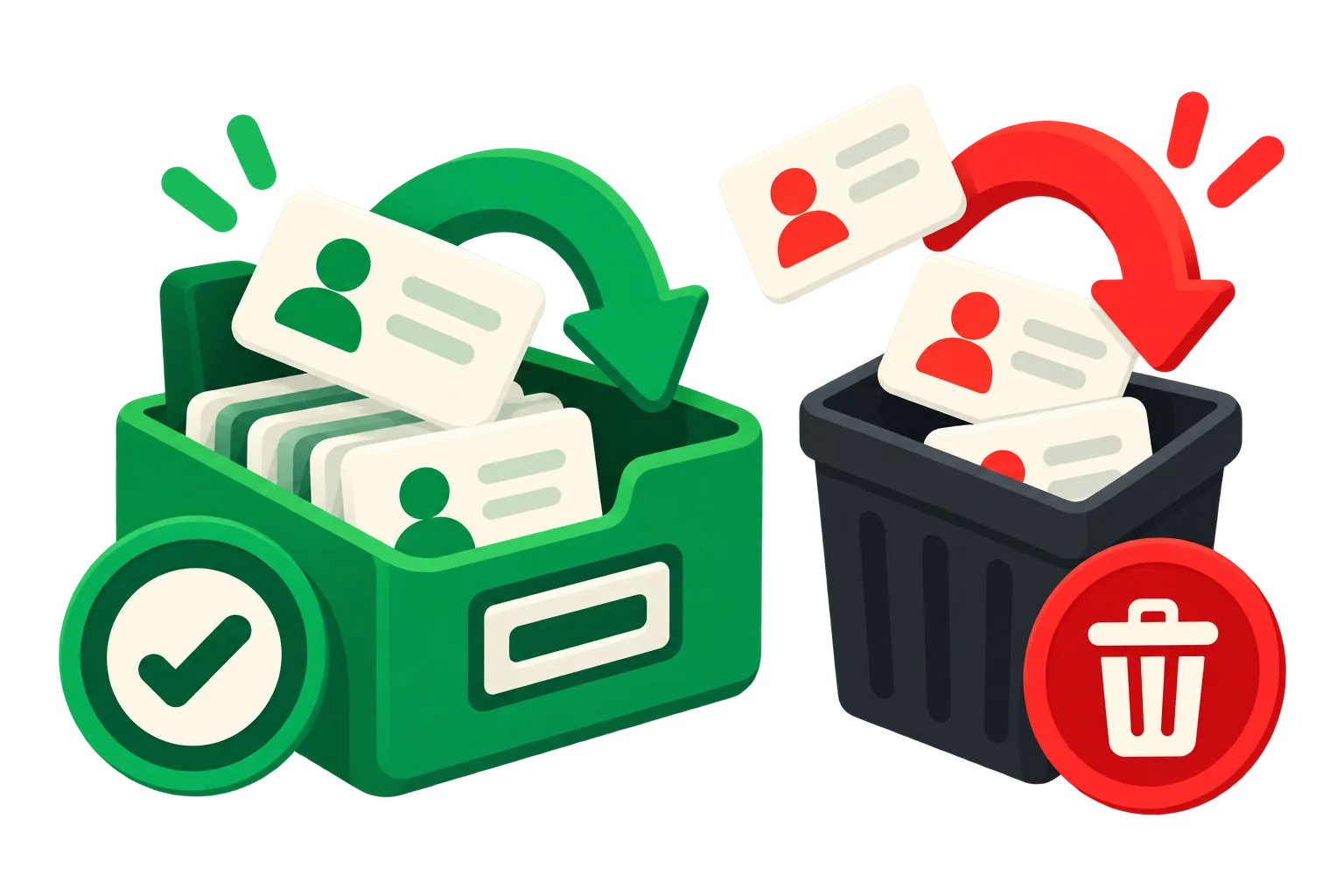 A green archive box keeping contacts safe next to a trash can deleting them for good