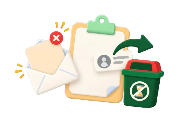 A rejected envelope next to a clipboard, with a contact card moving into a bin marked no-expiry