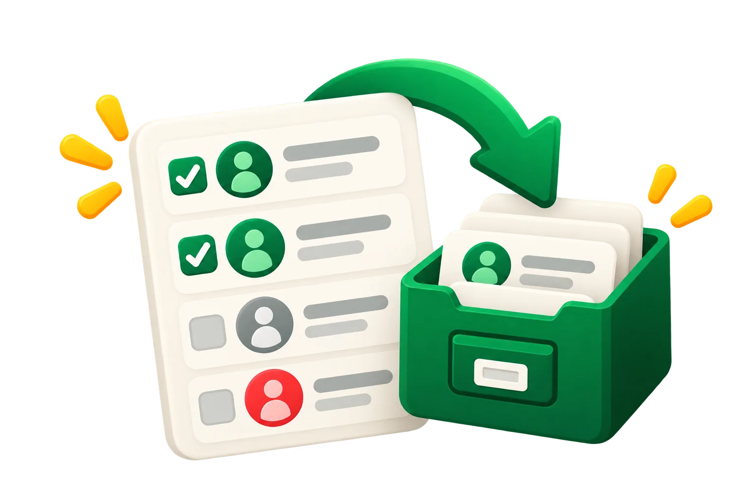 Selected contacts from a list moving into a green archive drawer