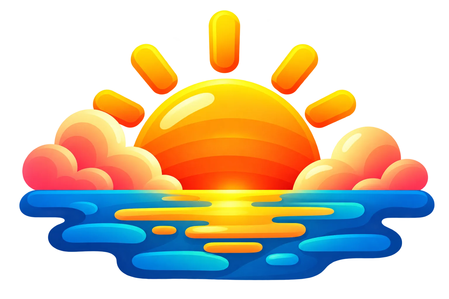 A bright cartoon sun setting behind clouds over a calm blue sea