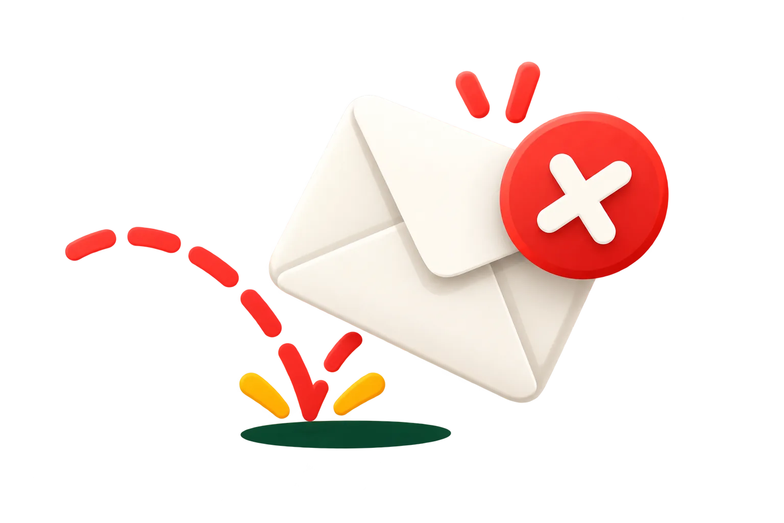 An email bouncing back with a red cross, after hitting the ground