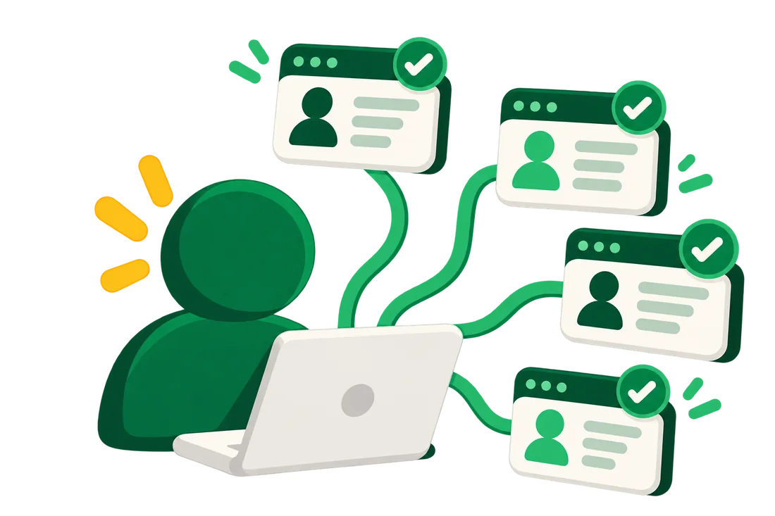 One person on a laptop connected to several client accounts, each checked